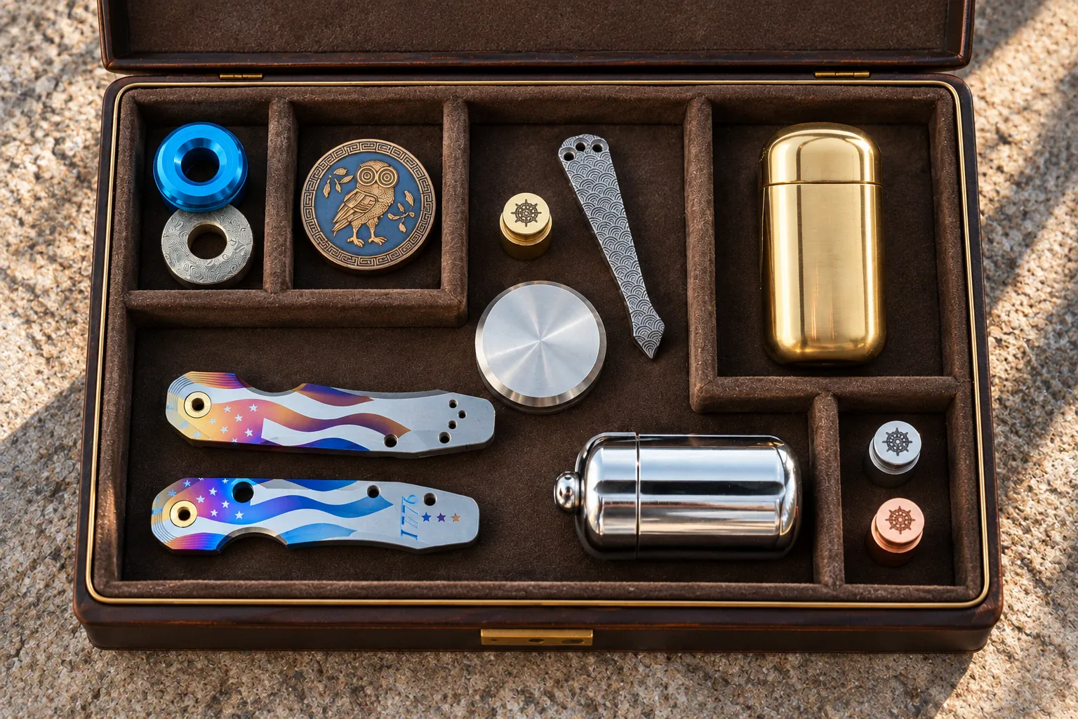 Metonboss pieces in a felt-lined case: flag-anodized titanium knife scales marked 1776, brass and polished steel capsules, an owl coin, a pocket clip, rings and small engraved brass, steel and copper pieces.